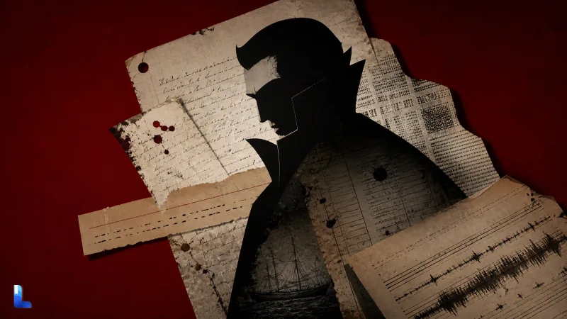 Victorian records converging into the silhouette of Count Dracula