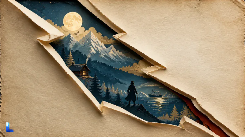A lightning shaped tear in a manuscript revealing scenes from Frankenstein
