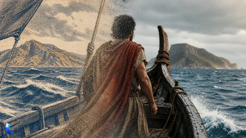 An ancient seafarer shifting from an engraving into a cinematic sea scene