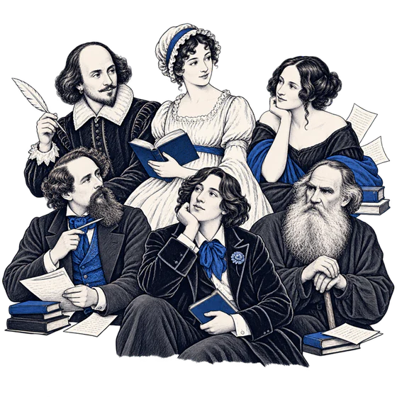 A line art gathering of Shakespeare, Austen, Shelley, Dickens, Wilde, and Tolstoy