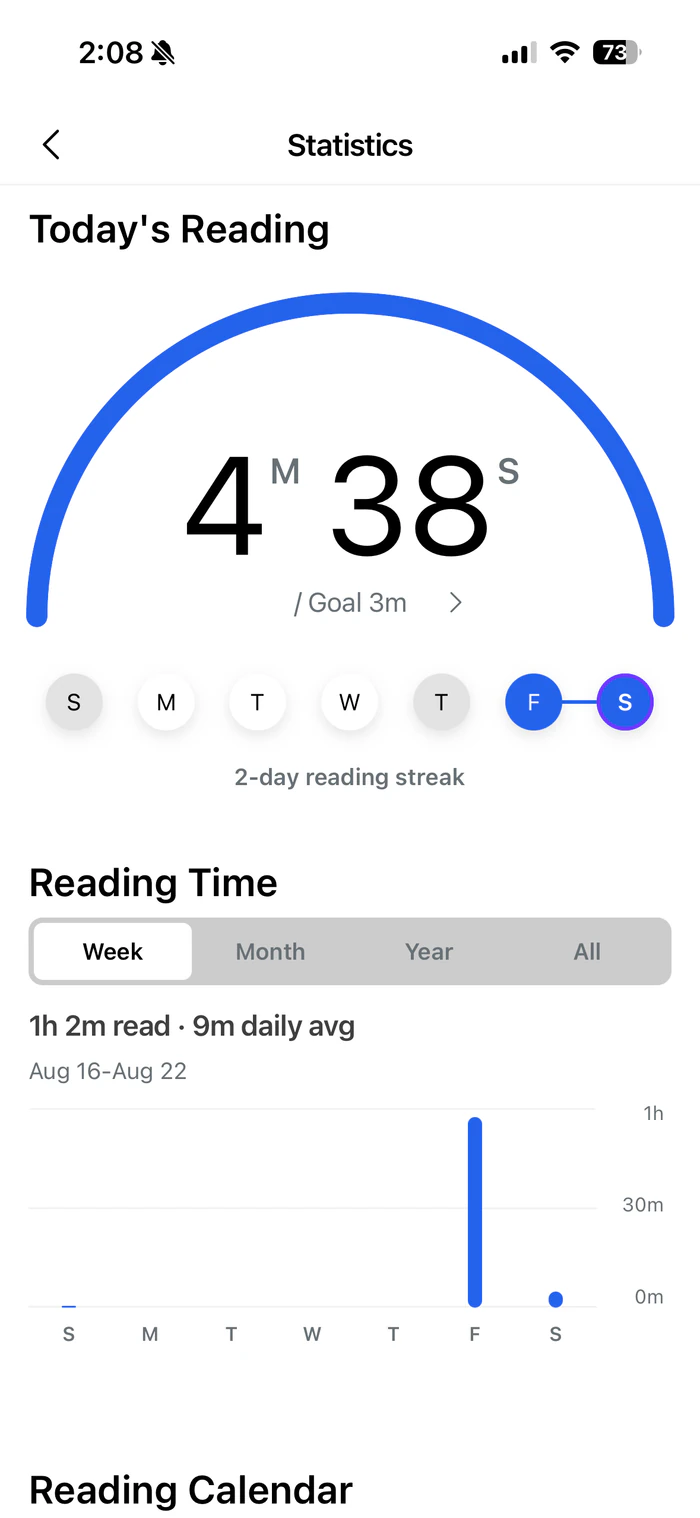 LitaBook daily reading goal, streak, and weekly reading time statistics